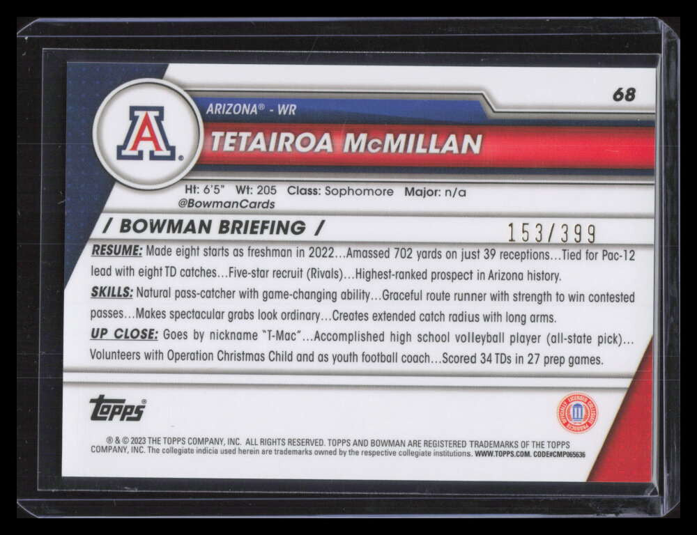 2023 Bowman Chrome University Purple Refractor Tetairoa McMillan Rookie 153/399