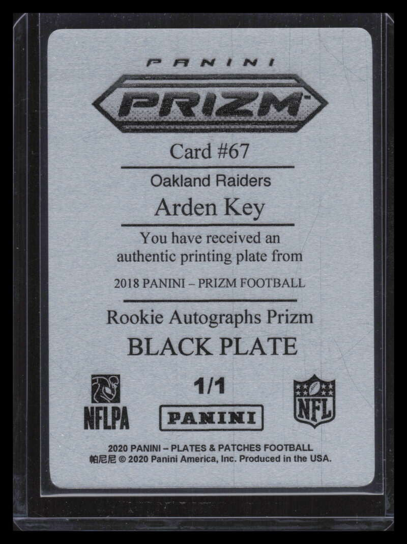 2018 Panini Prizm Rookie Autographs Printing Plate Black 67 Arden Key Rookie 1/1