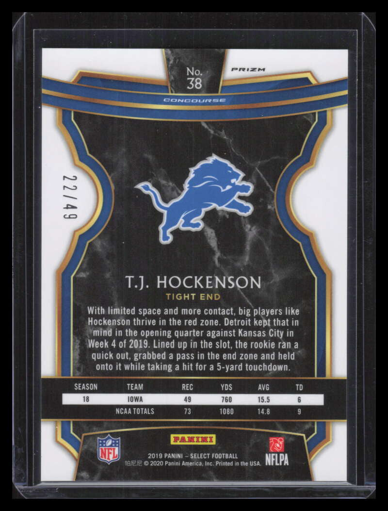 2019 Select Prizm Orange Refractor 38 T. J. Hockenson Rookie 22/49 Concourse