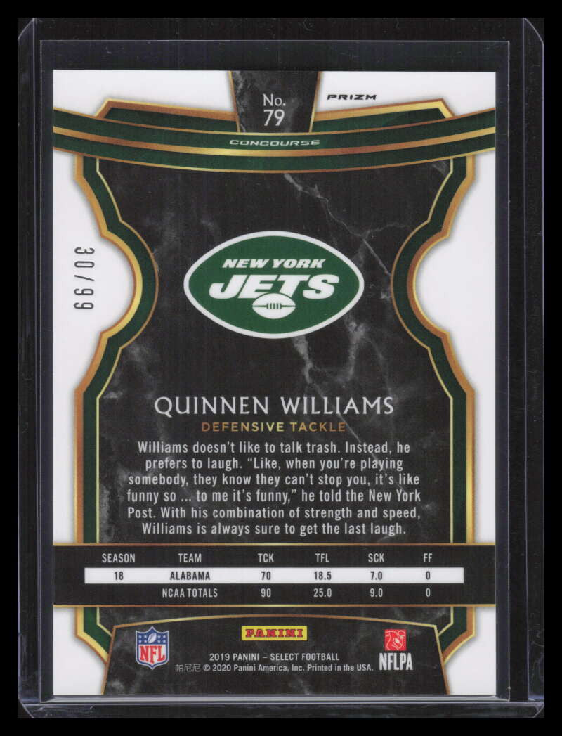 2019 Select Prizm Red Refractor 79 Quinnen Williams Rookie 30/99 Concourse