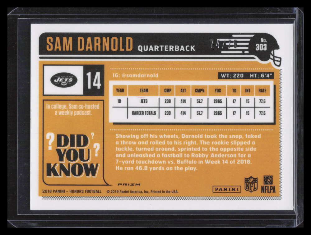 2018 Classic Green 303 Sam Darnold Honors Rookie 74/75