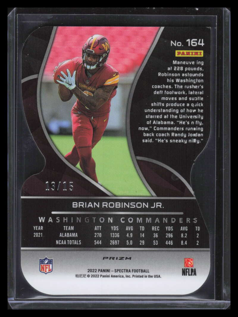 2022 Panini Spectra Neon Orange Die Cut 164 Brian Robinson Jr. Rookie 13/15
