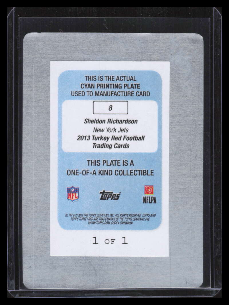 2013 Topps Turkey Red Printing Plate Cyan 8 Sheldon Richardson Rookie 1/1