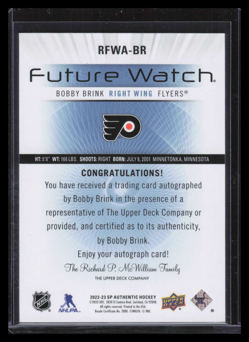 2022-23 SP Authentic 12-13 Retro Future Watch Autograph Bobby Brink RC Auto /699