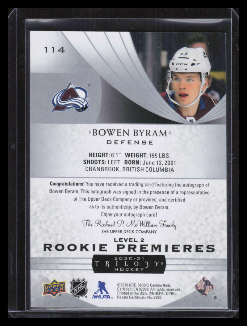 DELETE 157279 2020-21 Upper Deck Trilogy Silver 114 Bowen Byram Rookie Auto 94/99