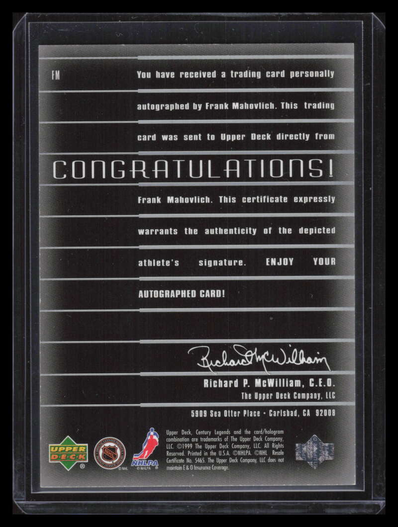 1999-00 Upper Deck Century Legends Epic Signatures FM Frank Maholvich Auto