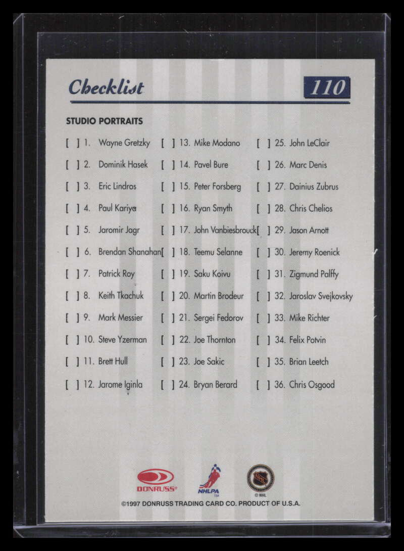1997-98 Studio Press Proofs Silver 110 Patrick Roy CL /1000 Portraits Checklist