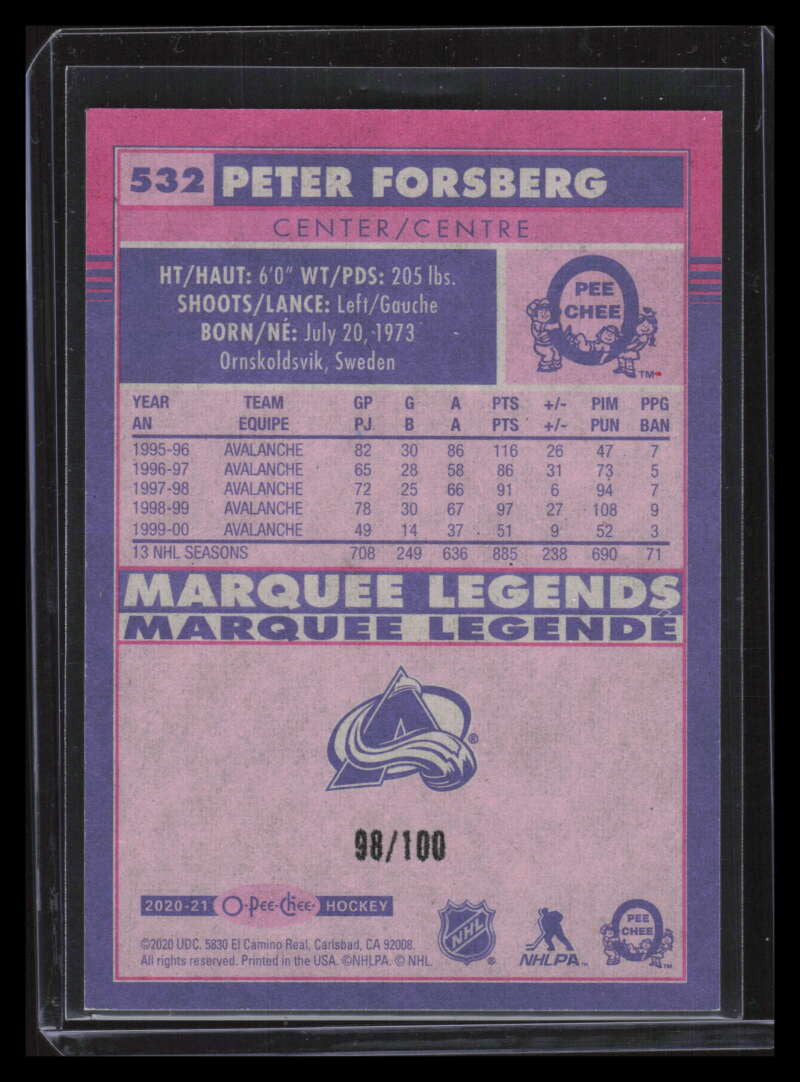2020-21 O-Pee-Chee Retro Black 532 Peter Forsberg ML 98/100 Marquee Legends