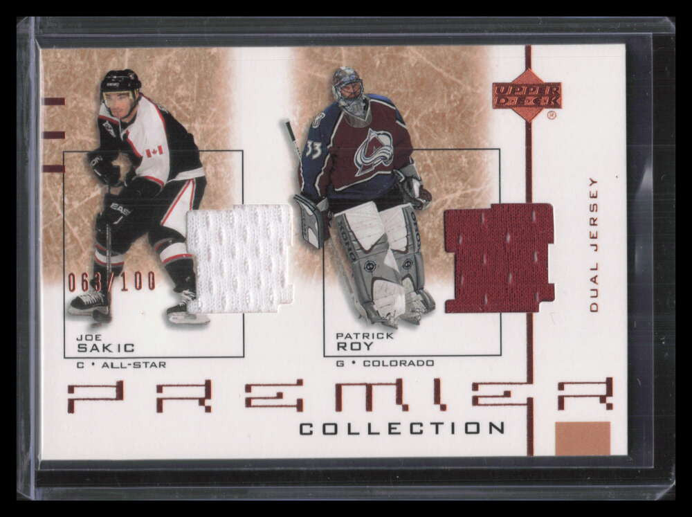 SOLD 157322 2001-02 UD Premier Collection DSR Joe Sakic Patrick Roy Dual Jersey 63/100
