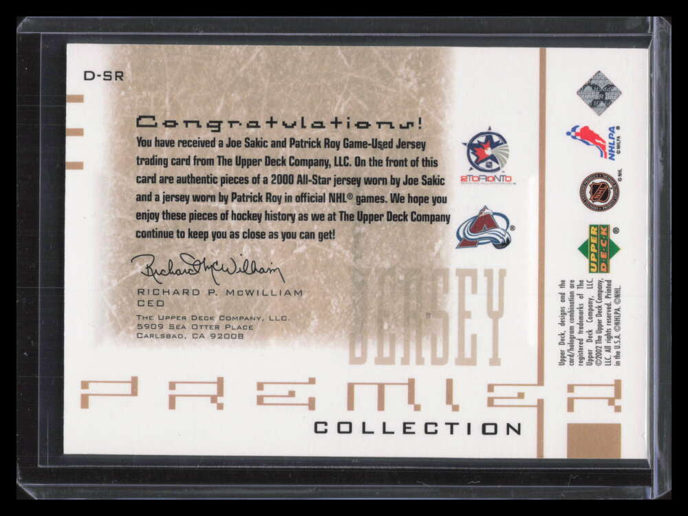 SOLD 157322 2001-02 UD Premier Collection DSR Joe Sakic Patrick Roy Dual Jersey 63/100