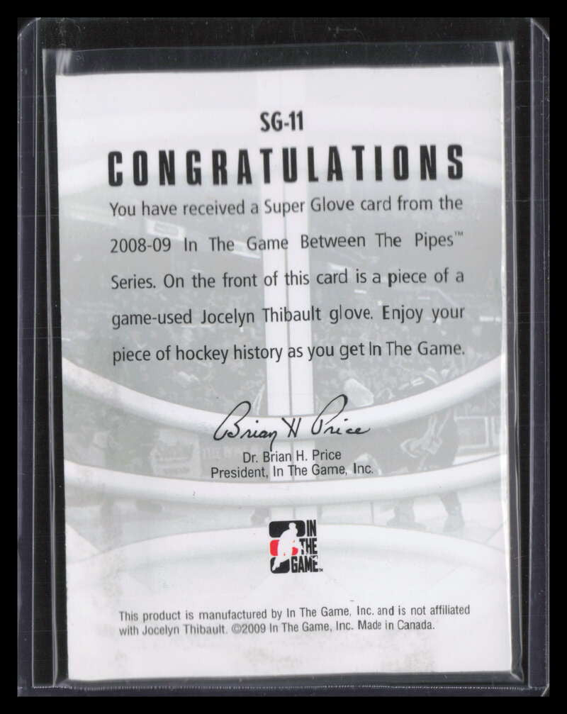 2008-09 Between the Pipes Super Glove sg11 Jocelyn Thibault Jumbo Patch /20