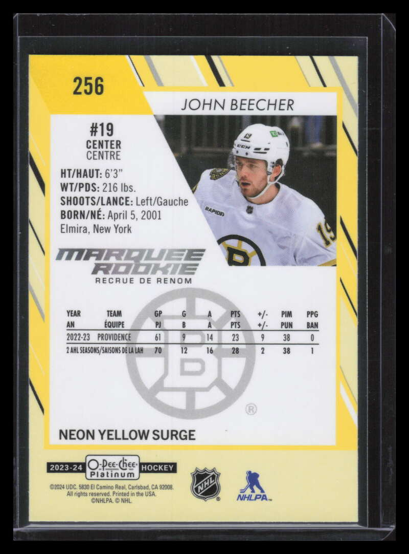 2023-24 O-Pee-Chee Platinum Neon Yellow Surge Refractor 256 John Beecher Rookie