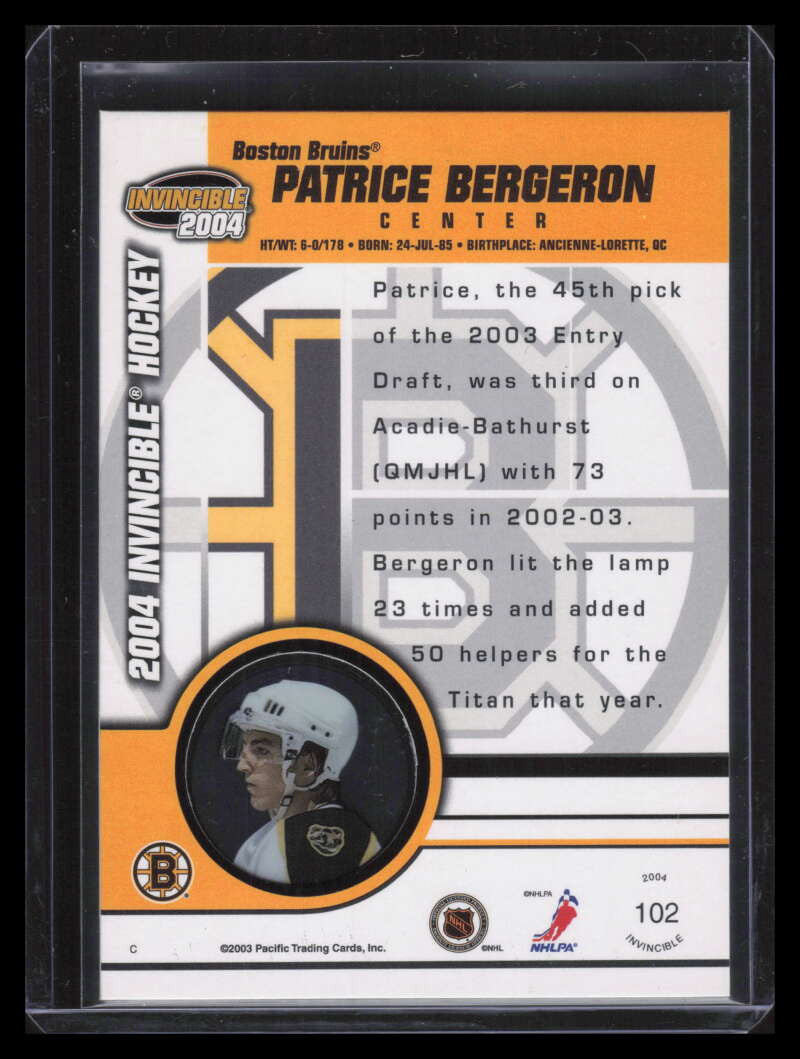 2003-04 Pacific Invincible Retail 102 Patrice Bergeron Rookie
