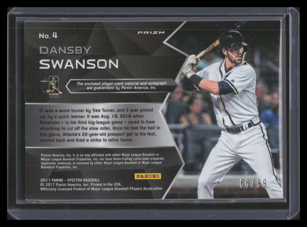 SOLD 157447 2017 Panini Spectra Autographs Blue 4 Dansby Swanson Rookie Jersey Auto 66/99