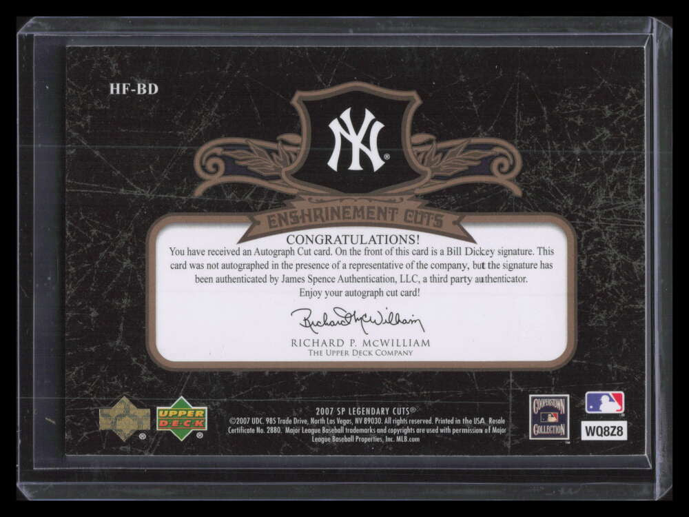 2007 SP Legendary Cuts Enshrinement Cuts BD Bill Dickey Cut Auto 4/5