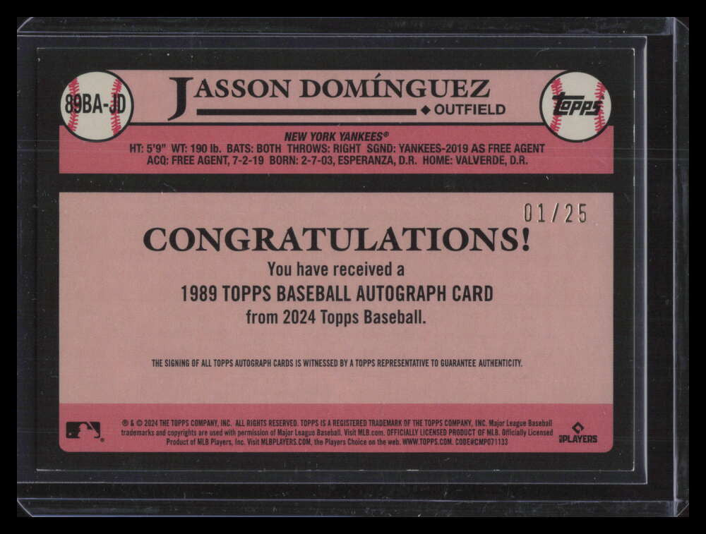 2024 Topps '89 Topps Autographs Red 89bajd Jasson Dominguez Rookie Auto 1/25