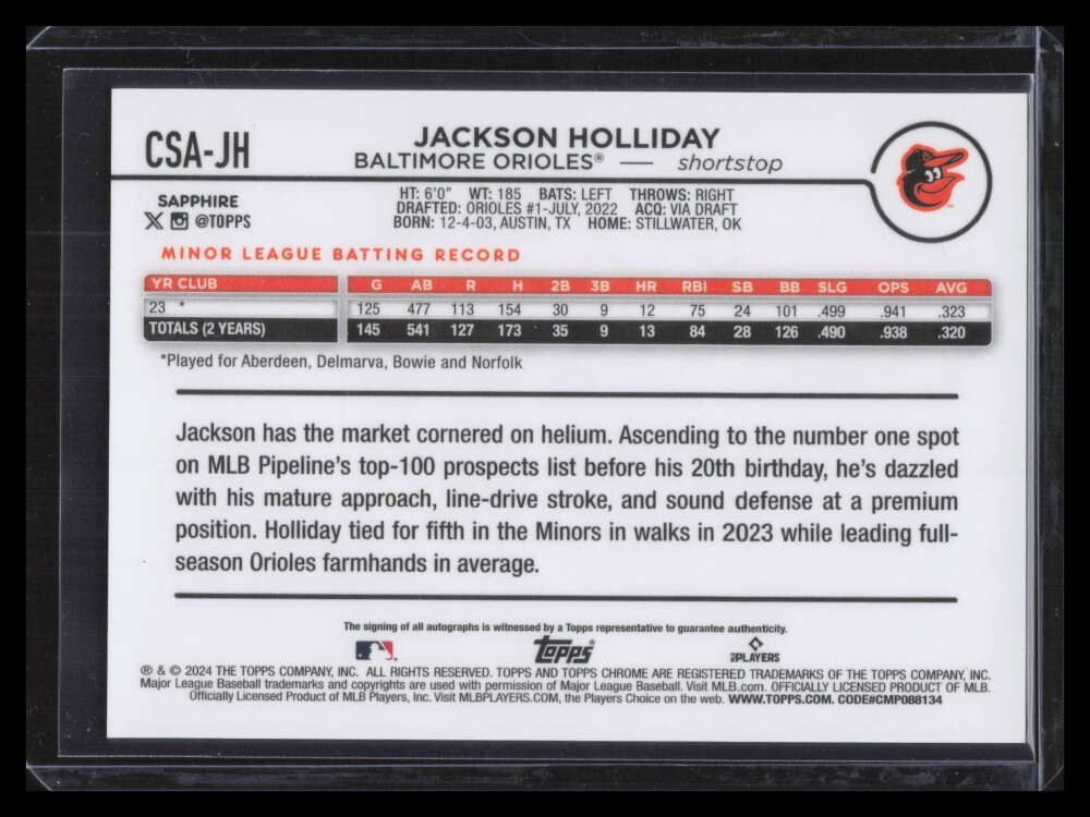 2024 Topps Chrome Sapphire Green Refractor Jackson Holliday Rookie Auto 2/99