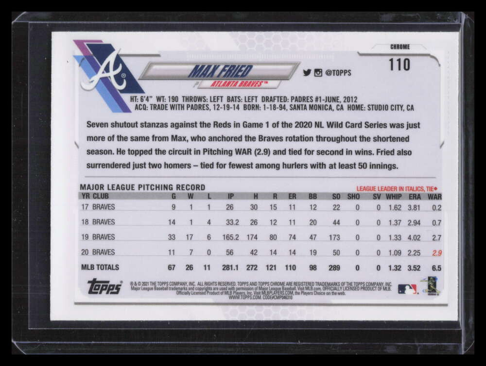 2021 Topps Chrome Black and White Mini-Diamond Refractor 110 Max Fried