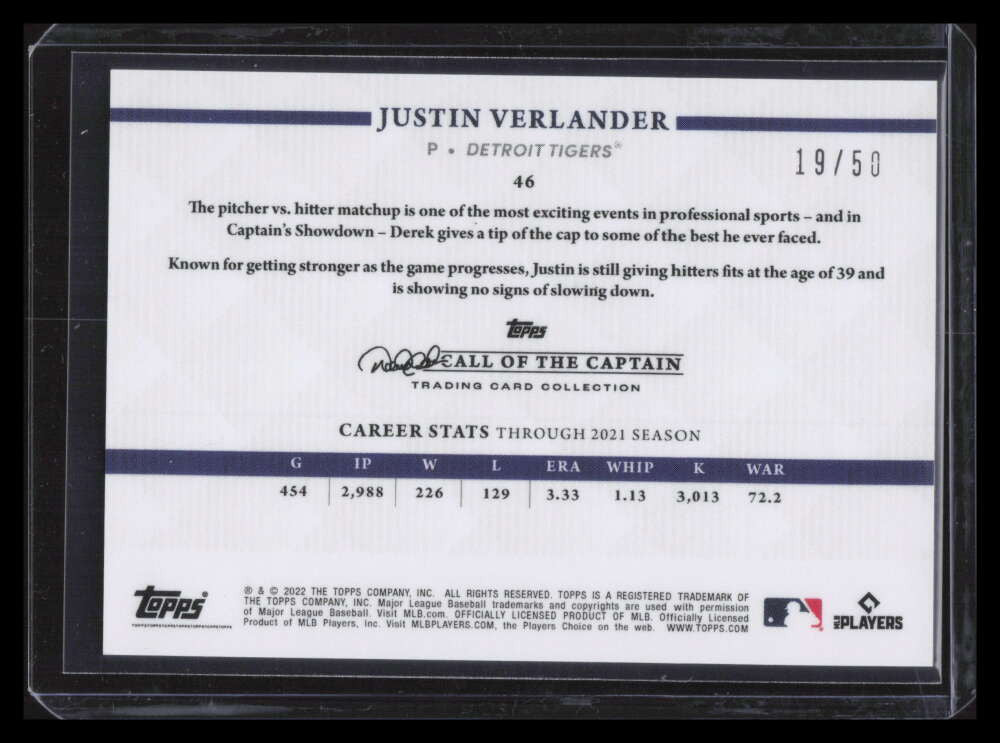 2022 Topps X Derek Jeter Call of the Captain Purple 46 Justin Verlander 19/50