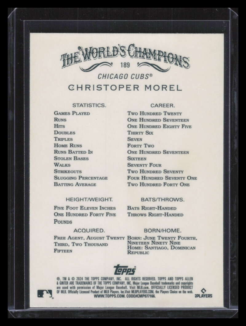 2024 Topps Allen and Ginter Chrome Gold Refractor 189 Christoper Morel 6/50