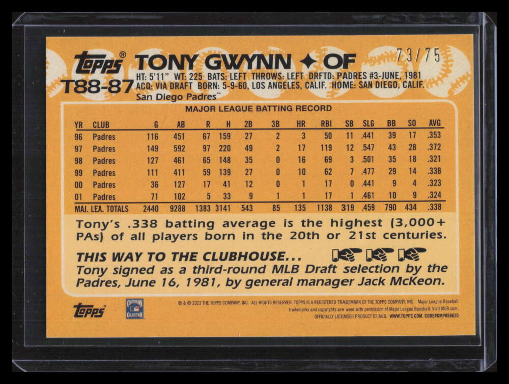 2023 Topps '88 Topps Gold t8887 Tony Gwynn 73/75