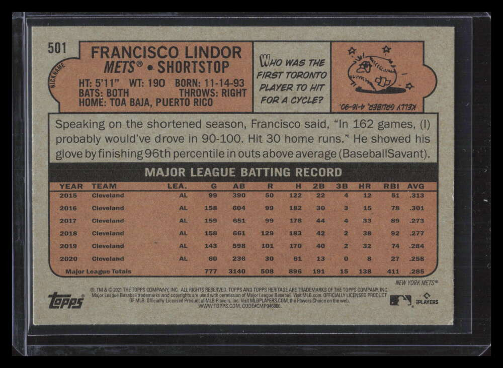 2021 Topps Heritage Nickname Variations 501 Francisco Lindor Paquito SP