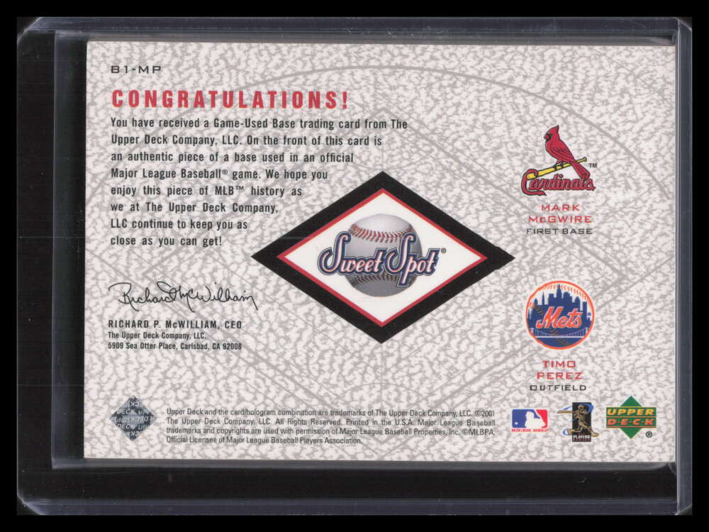 2001 Sweet Spot Game Duos b1mp Timo Perez Mark McGwire Dual 10/12/00 Used Base