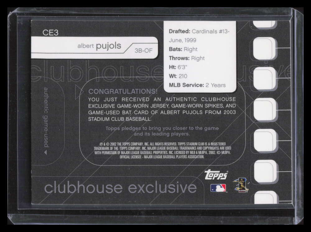 2003 Stadium Club Clubhouse Exclusive ce3 Albert Pujols Bat Jersey Spikes Cleat