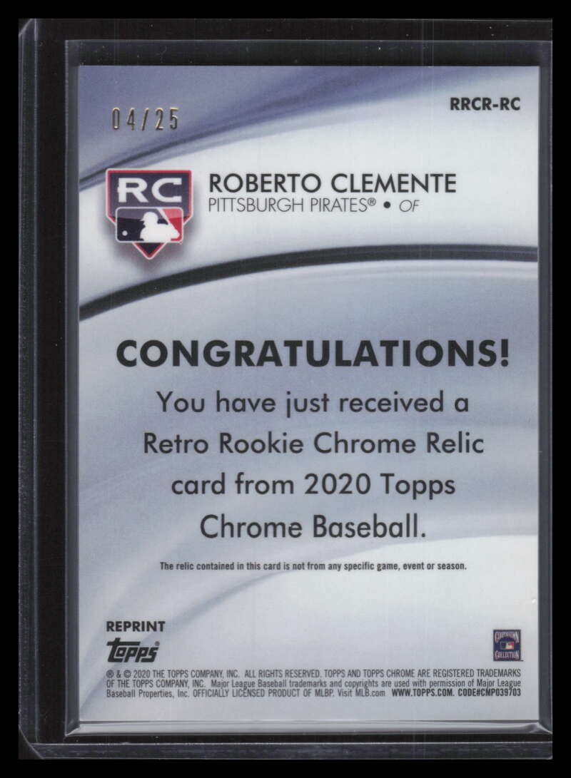 2020 Topps Chrome Retro Rookie Relics Orange Refractor Roberto Clemente Bat 4/25