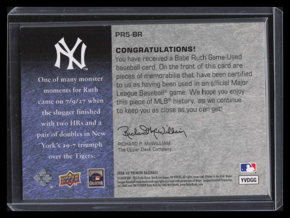2008 Upper Deck Premier Remnants Five BR Babe Ruth Five Bat 3/5 Jersey Number