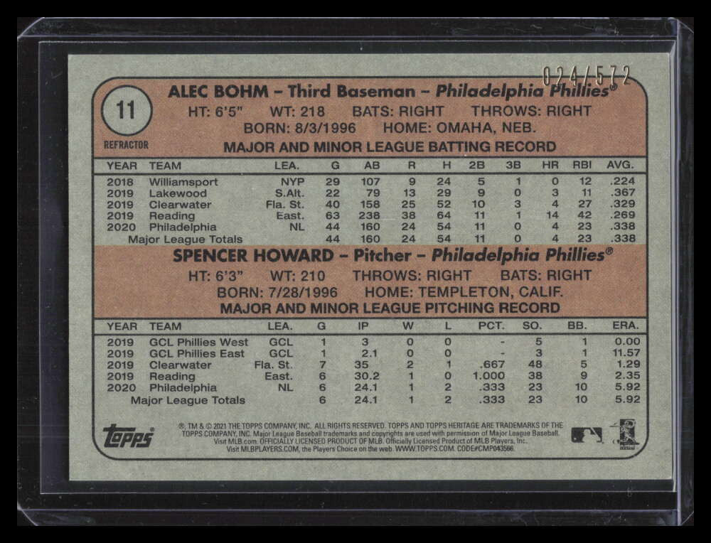 2021 Topps Heritage Chrome Refractor 11 Spencer Howard Alec Bohm Rookie 24/572