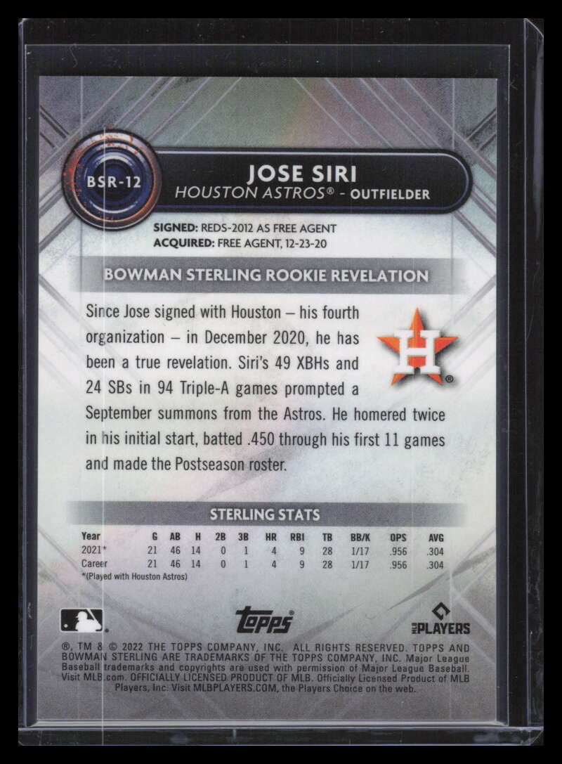 2022 Bowman Sterling Rookies Blue Refractor bsr12 Jose Siri Rookie 16/25