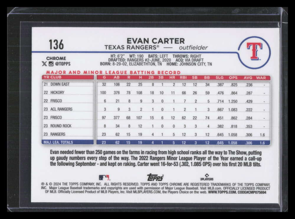 2024 Topps Chrome Purple Speckle Refractor 136 Evan Carter Rookie 111/299