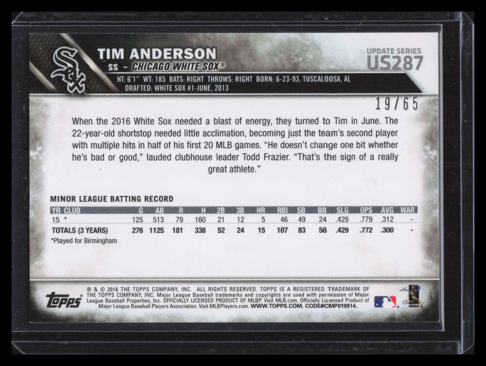 2016 Topps Update Black us287 Tim Anderson Rookie 19/65