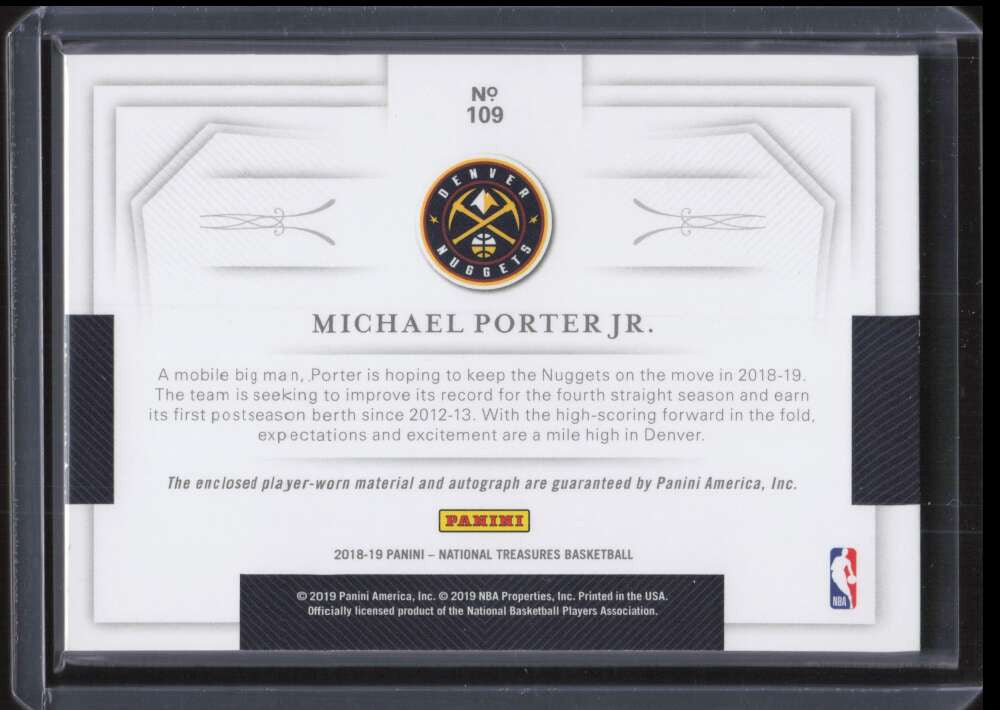 2018-19 National Treasures Horizontal 109 Michael Porter Rookie Patch Auto 7/49