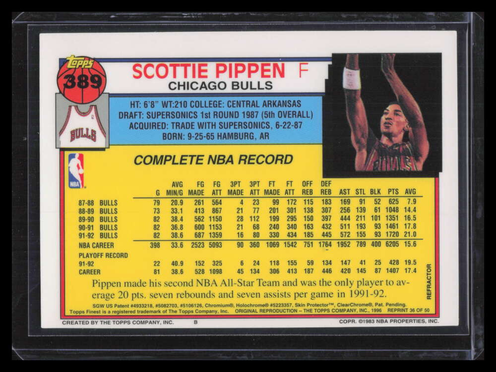 DELETE 157776 1996-97 Stadium Club Finest Reprints Refractor 36 Scottie Pippen 1992-93