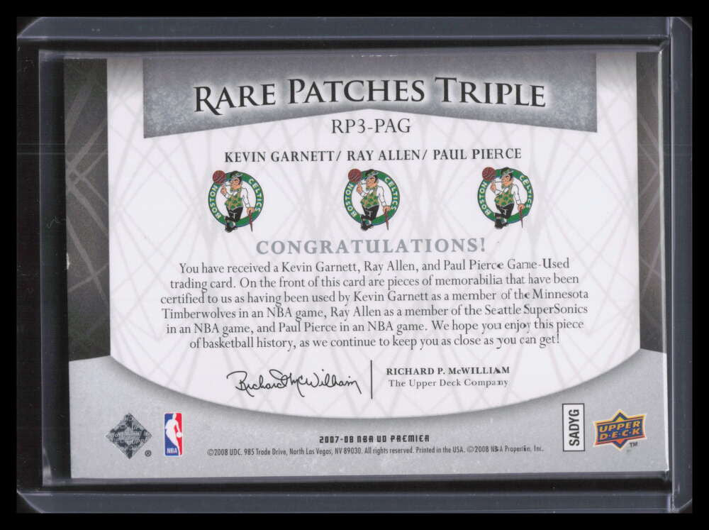 SOLD 157795 2007-08 UD Premier Rare Patches Silver Pierce Ray Allen Garnett Triple Patch /15