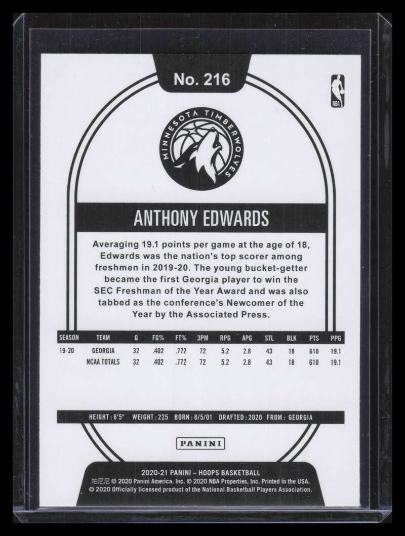 DELETE 157806 2020-21 Hoops Yellow 216 Anthony Edwards Rookie