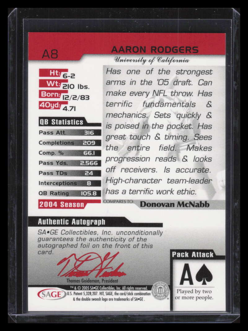 2005 SAGE HIT Autographs Gold 8 Aaron Rodgers Rookie Auto 19/250