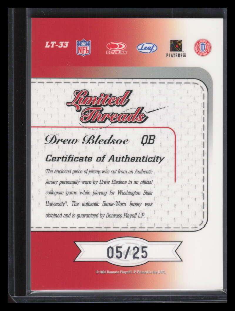 2003 Leaf Limited Threads Prime lt33 Drew Bledsoe Patch Auto 5/25 WSU Huskies
