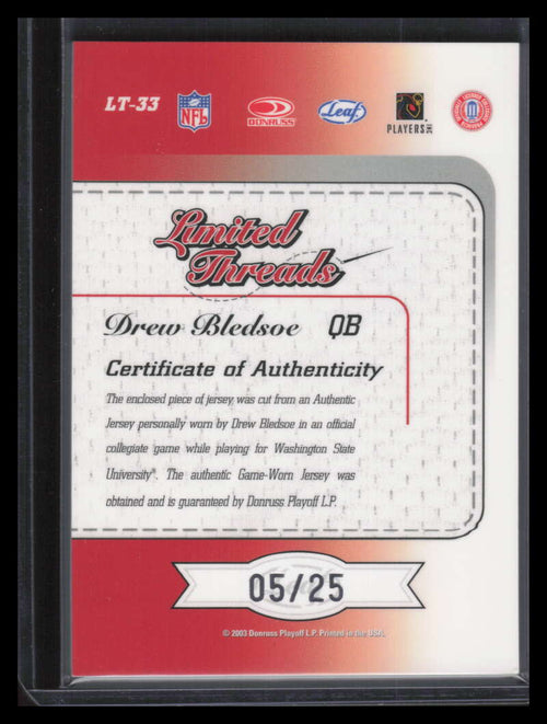 2003 Leaf Limited Threads Prime lt33 Drew Bledsoe Patch Auto 5/25 WSU Huskies