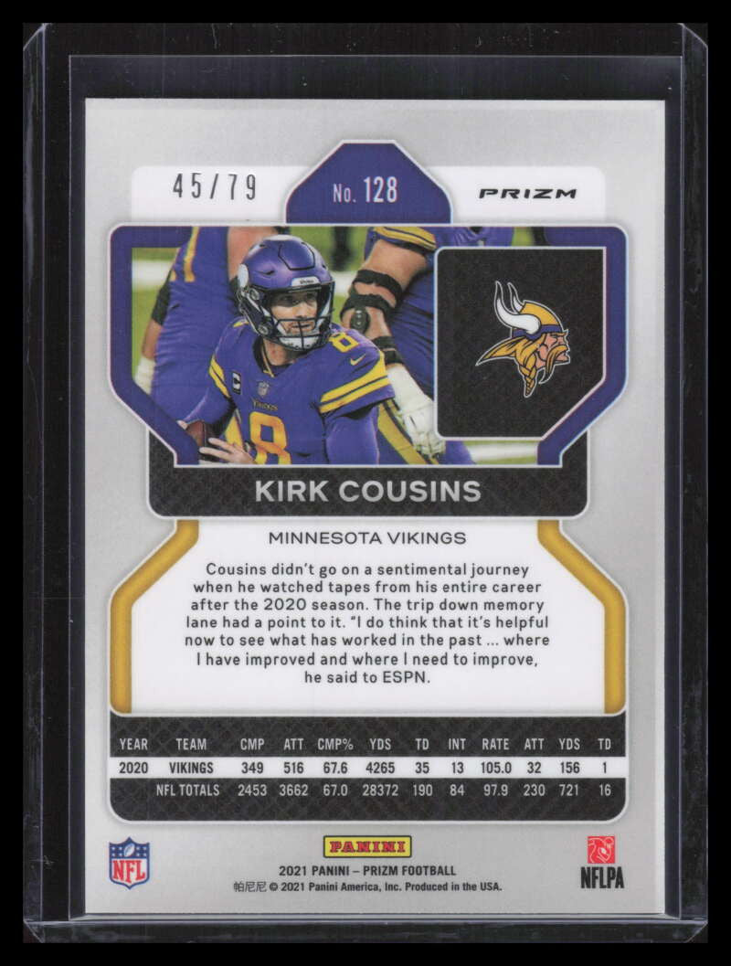 2021 Panini Prizm Prizms No Huddle Blue Refractor 128 Kirk Cousins 45/79