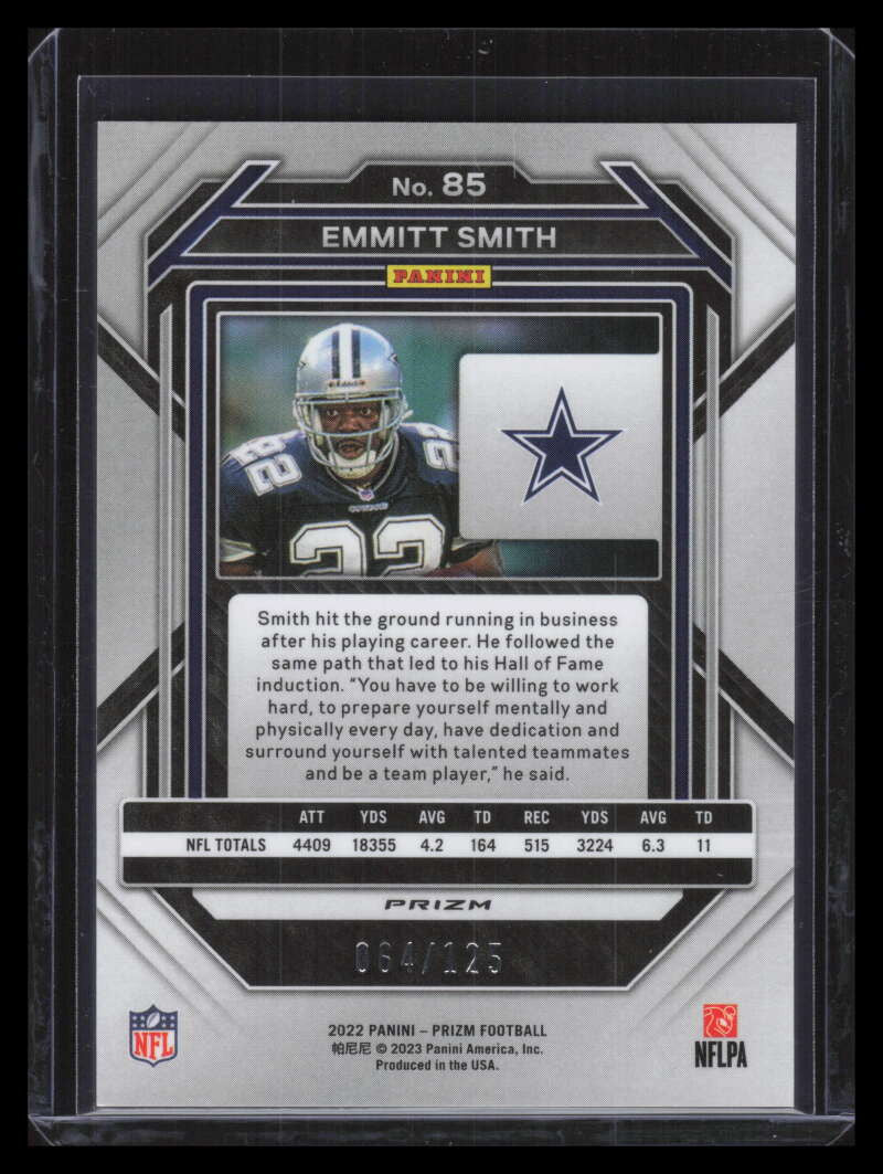 2022 Panini Prizm Prizms Purple Refractor 85 Emmitt Smith 64/125
