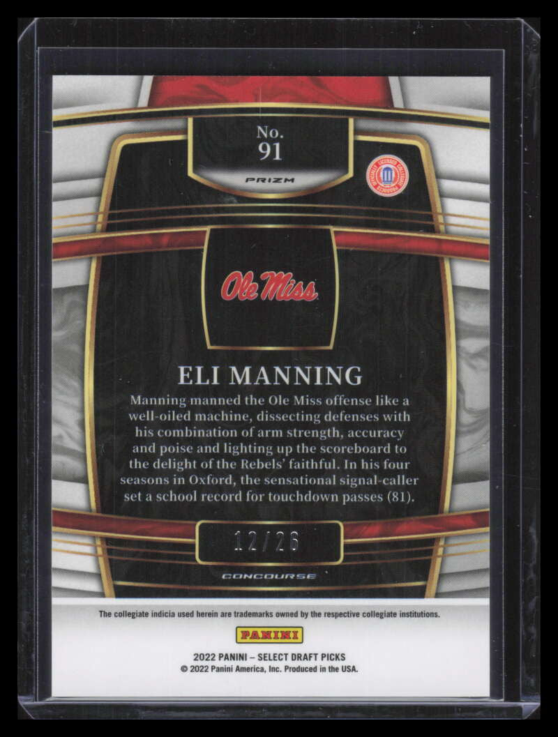 2022 Select Draft Picks Prizms Neon Orange Pulsar 91 Eli Manning 12/26