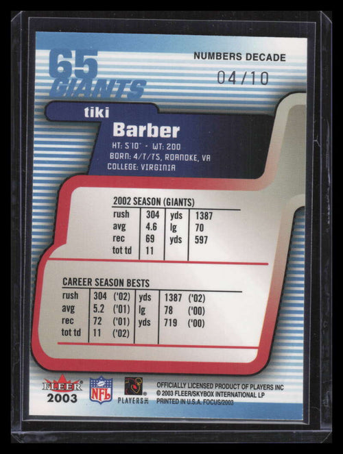 2003 Fleer Focus Numbers Decade 65 Tiki Barber 4/10