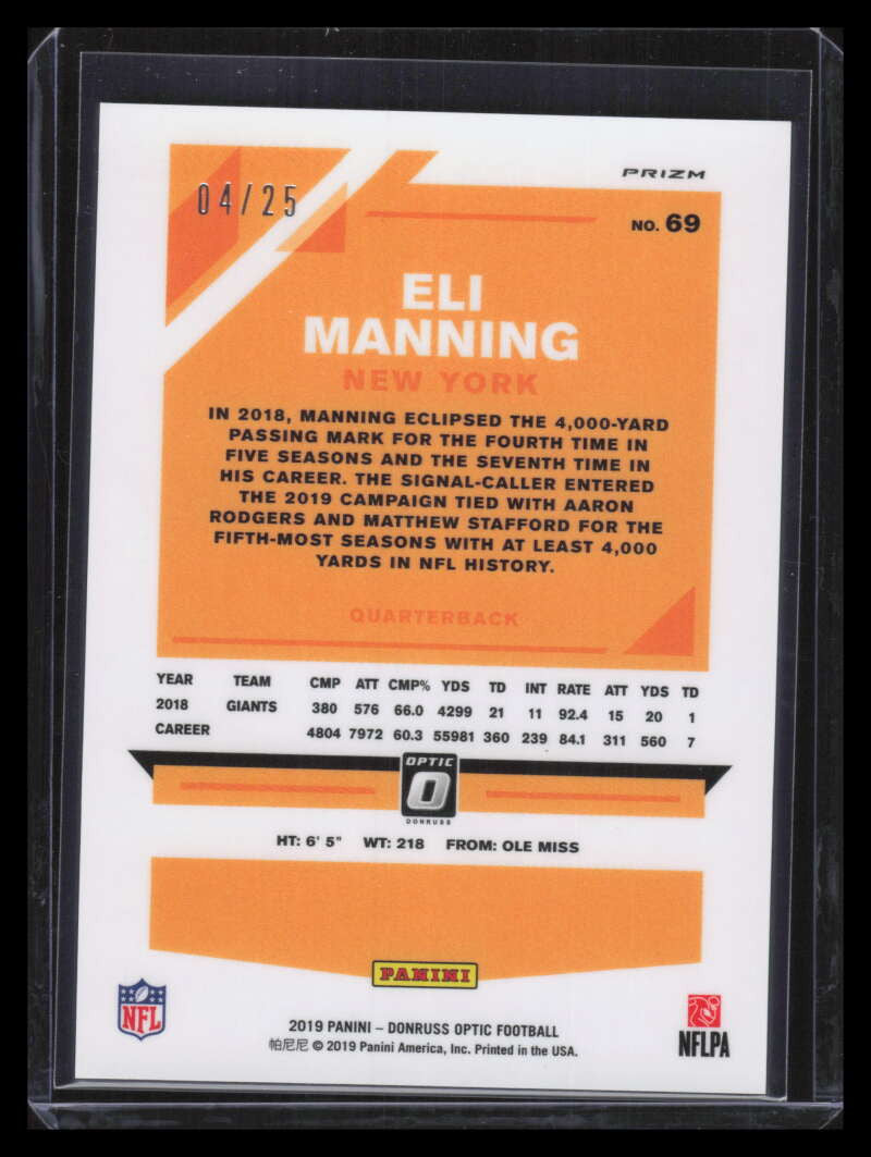 2019 Donruss Optic Purple Stars Refractor 69 Eli Manning 4/25