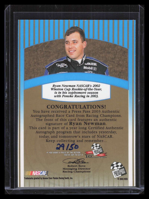 2003 Press Pass Signings Gold 53 Ryan Newman Auto 29/50