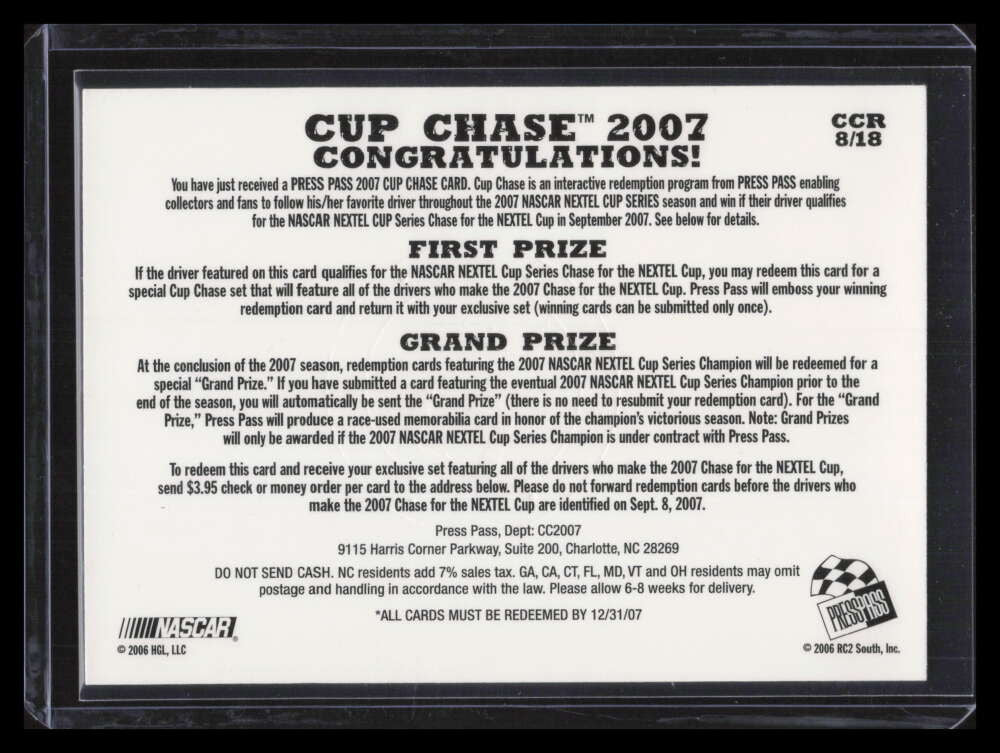 2007 Press Pass Cup Chase ccr8 Jimmie Johnson Winner Champ Crimped