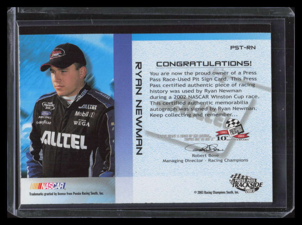 2003 Press Pass Trackside Pit Stoppers Autographs Ryan Newman Pit Sign Auto 5/12