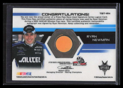 2003 Press Pass Optima Thunder Bolts Autographs Ryan Newman Lugnut Auto 10/12